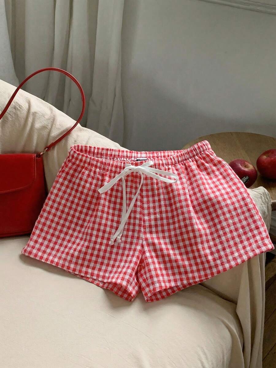 Comfortcana 休闲复古优雅通勤百搭暖色调田园红白格子印花图案，适合度假、海滩、女士夏季穿搭、女士系带短裤 - 彩色 - 查看 1