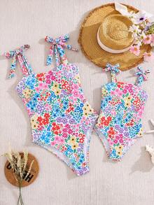 Emery Rose Kids Tween Girl Ditsy Floral Print Knit Casual One-Piece Swimsuit Ls Spaghetti Strap,Spring/Summer - Multicolor - View 2