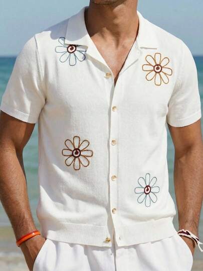 HIMLAND Men's Knit Polo Collar Short Sleeve Cardigan, Single-Breasted With Embroidered Towel Decor ,Men's Vintage Floral Embroidered Knit Button Down ,Retro 50s Style Daisy Pattern Shirt ,Summer Breathable Textured Cardigan Men ,Cream White Crochet Look Polo ,Vacation Outfit Embroidered Camp Collar ,Boho Hippie Aesthetic Top For Men ,Men's Vintage Knit Button Down Shirt ,Floral Embroidered Short Sleeve Cardigan ,Summer Cuban Collar Beach Top ,Men's Knit Short Sleeve ,Vintage Bowling Shirt ,Crochet Knit Shirt ,Summer Resort Wear Men ,Casual Beach Cardigan ,Embroidered Shirt