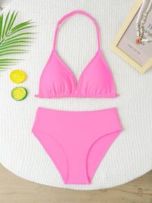 SHEIN Bộ bikini hai mảnh gợi cảm bằng vải dệt kim dành cho thiếu nữ, kiểu cổ yếm, thích hợp cho bơi lội, đi biển, hồ bơi, kỳ nghỉ hè. - Hồng - Xem 3