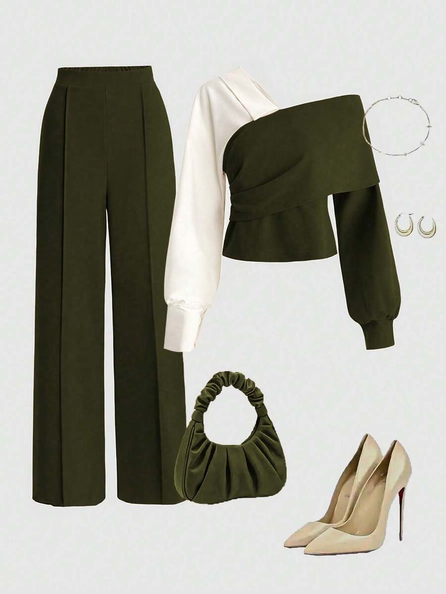 Franclia 2pcs/Set V-Neck Contrast Color Patchwork Top And Straight Leg Pants, Casual Autumn/Winter - Army Green - View 1