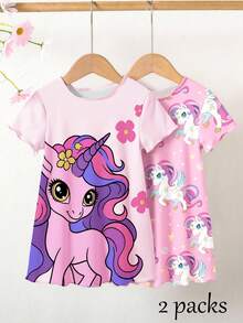 2-Pack Baby Girl Unicorn Print Ruffled Casual Skirt And Short Sleeve Pajama Set, Spring & Summer Pink Sweet Girly Style Cute And Comfortable 2026 New Holiday Atmosphere Relaxed And Comfortable Girl's Outfit Set Girls' Children's Clothing - Multicolor - View 5