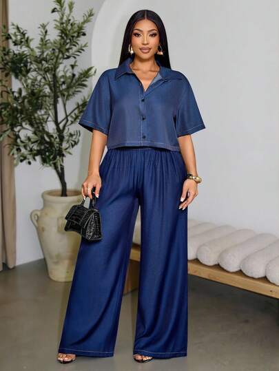 SOLERSUN Plus Size Women's Spring/Summer Cotton-Linen Faux Denim Solid Color Loose A-Line Wide-Leg Pants, Suitable For Vacation, Commuting, And Everyday Wear.