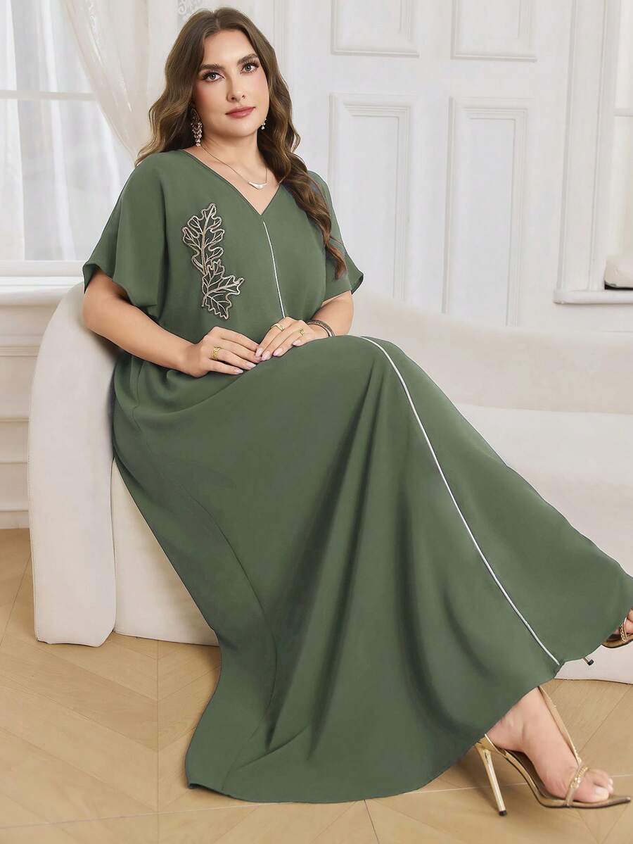 Al Najma Vestido largo de manga corta de unicolor, talla grande, estilo turco y árabe para mujeres - Verde - Ver 1