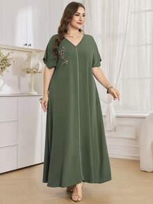 Al Najma Vestido largo de manga corta de unicolor, talla grande, estilo turco y árabe para mujeres - Verde - Ver 6