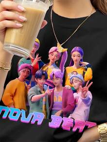 少女韩流休闲宽松卡通印花圆领短袖T恤短裤套装 - 彩色 - 查看 3