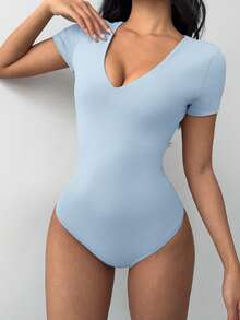 SHEIN BASICS 女士休闲纯色V领短袖修身连体衣 - 藍色 - 查看 6