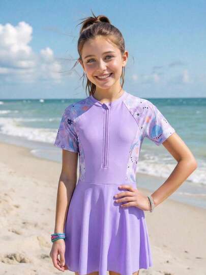 Tween Girls' Floral Print Zip-Up Short Sleeve Wrap Around One-Piece Swimsuit Lilac Dress Girls Purple Swim Dress Girls Swim Dress Lavender Swim Dress Tween Swim Dress Summer Holiday