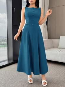 Feyla Women's Solid Color Button Design Elegant Sleeveless Dress - Blue - View 3