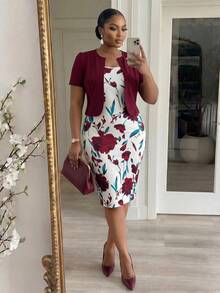 SHEIN Lady Plus Size Elegant Burgundy Summer Wedding 2-Piece Set,Solid Color Short Sleeve Top And Floral Print Dress,Office Business Casual Skirt Suits For Women - Multicolor - View 2