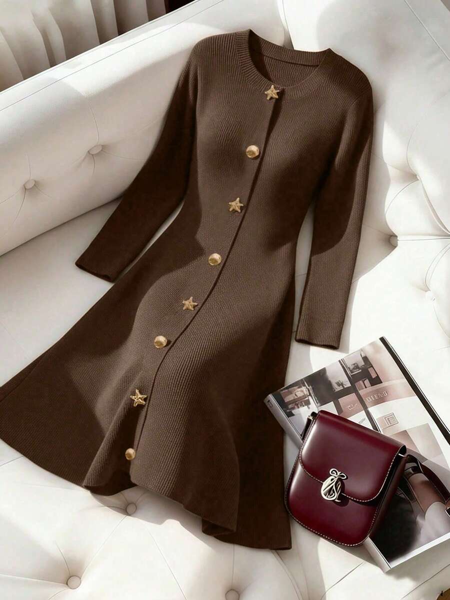 Franclia Women's Fashionable Elegant Versatile Long Sleeve Pullover Knit Dress, Unique & Exquisite, Suitable For Spring & Autumn - Camel - View 1