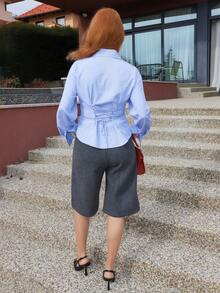 Gretanique 女士休闲羊毛混纺百慕大短裤，秋冬 - 灰色 - 查看 2