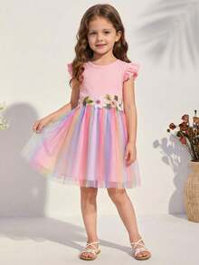 SHEIN Pink Summer Fairy Birthday Holiday Young Girl Knit Round Neck Gradient Mesh Casual Dress,Easter Rainbow Kids 3D Floral Embroidered Tutu Party Dresses - Pink - View 1