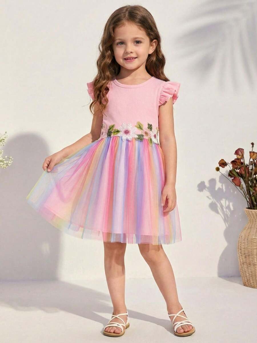 SHEIN Pink Summer Fairy Birthday Holiday Young Girl Knit Round Neck Gradient Mesh Casual Dress,Easter Rainbow Kids 3D Floral Embroidered Tutu Party Dresses - Pink - View 1
