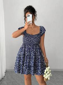 Elenzga Plus Size Women's Navy Blue Ditsy Floral Square Neck Ruffle Sleeve Cinched Waist A-Line Dress,Summer Boho Vacation Holiday Fashion Prom Wedding Dress - Multicolor - View 7