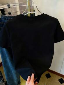 Resyla 心形图案字母标语女式圆领短袖T恤 - 黑色 - 查看 2