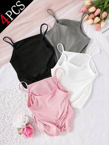4pcs Girls Basic Solid Color Camisole Underwear Set - Multicolor - View 5
