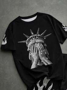 青少年男童新款休闲极简主义Y2K风格黑白自由女神像街头印花图案，美式复古时尚极简圆领短袖T恤和短裤套装 - 黑色 - 查看 3