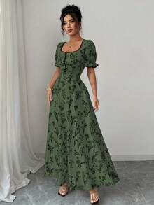Elenzga 女士复古优雅印花A字型方领长裙，适合休闲、度假、日常穿着和聚会，春夏款 - 軍綠色 - 查看 5