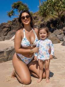 女婴海星印花拉链荷叶边沙滩连体泳衣 - 彩色 - 查看 10