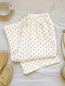 SHEIN EZwear 女款編織圓點圖案綁腰寬腿長褲 純棉 白色 夏季 度假款 - 白色 - 查看 4