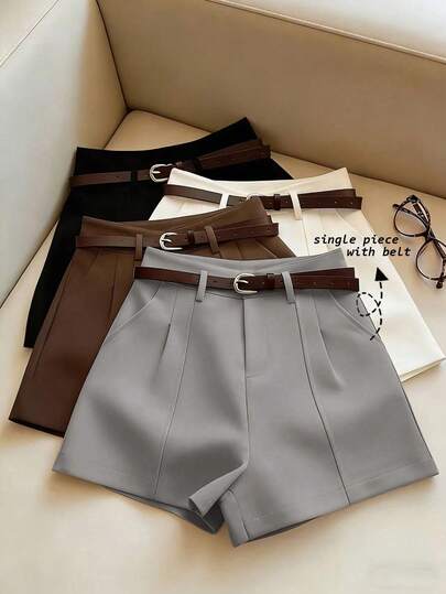 Franclia Pantalones cortos minimalistas de moda francesa, de unicolor tejido, para uso casual y de oficina, con cintura alta, corte evasé y pierna ancha, para mujeres