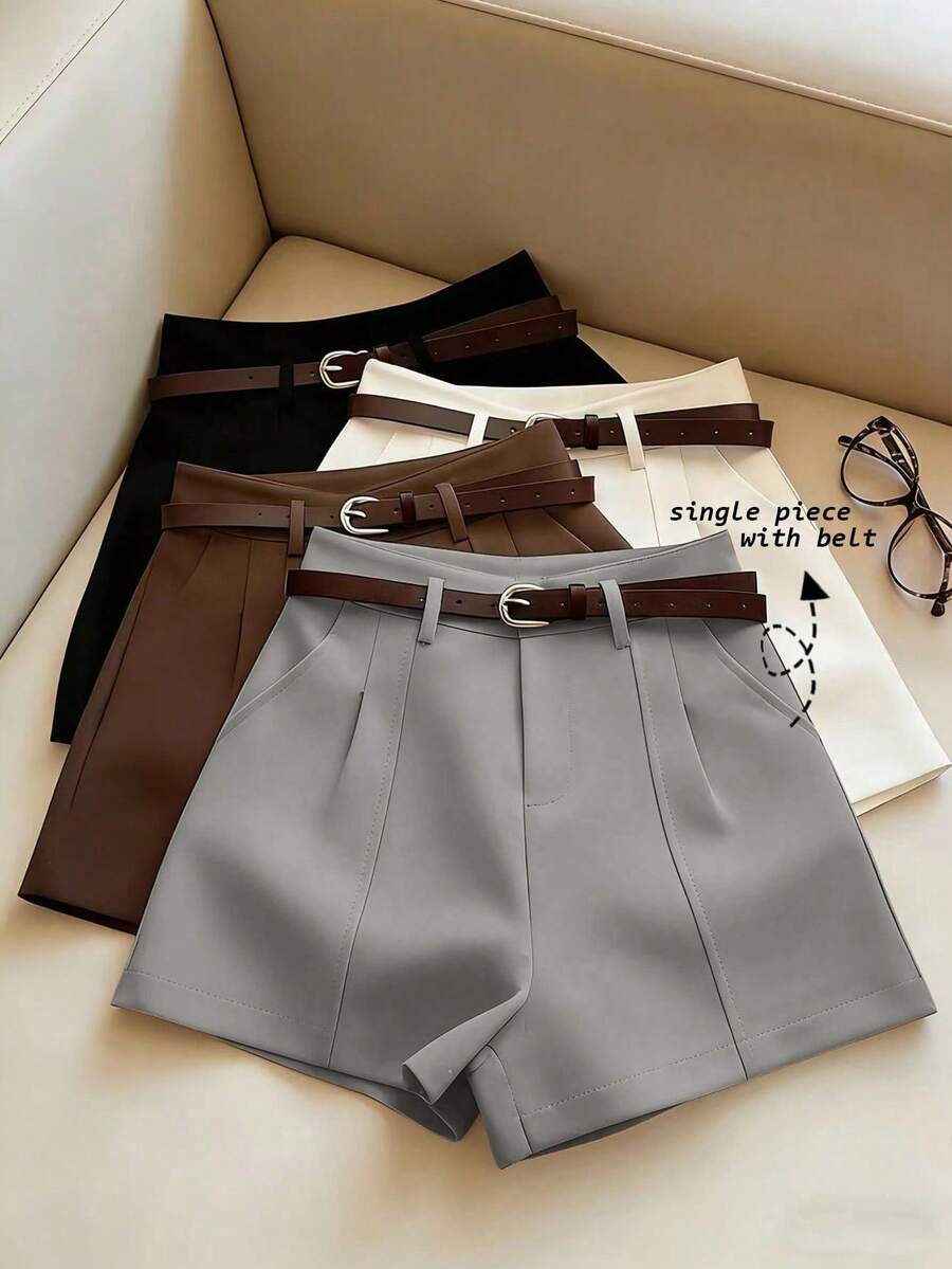 Franclia Pantalones cortos minimalistas de moda francesa, de unicolor tejido, para uso casual y de oficina, con cintura alta, corte evasé y pierna ancha, para mujeres - Gris - Ver 1