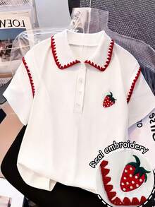 Resyla Women's Button-Up Embroidered Trim Short Sleeve Casual T-Shirt - White - View 5