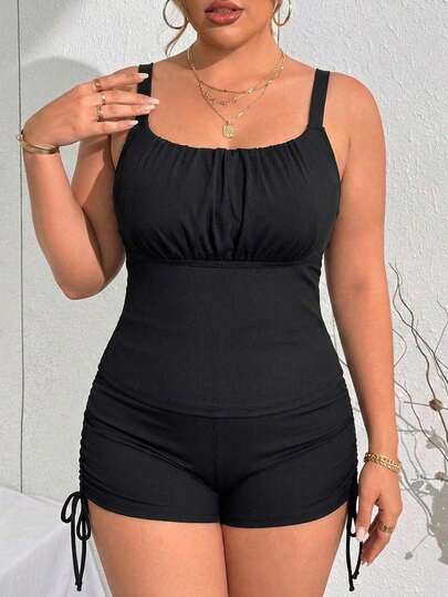 Swim Lushoire Plus Size Women 2pcs Solid Color High Waist Shorts & Racerback Tankini Swimwear