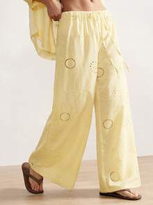 Bohemela 女士夏季休闲波西米亚度假海滩法式乡村音乐节海洋元素趣味刺绣图案宽大黄色低腰宽松裤，防晒遮盖裤，女士夏季服装，女士外出裤，度假服装，女士海滩服装，沙滩裤 - 黃色 - 查看 5