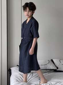 Dazy Kids 青少年男童格子交叉打结休闲家居服和长睡衣 - 藏蓝色 - 查看 7