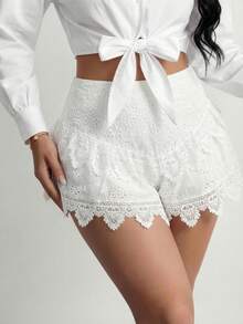 SHEIN SXY Women's Vacation Contrast Lace High Waist Shorts,Summer ,Spring ,Vacation,Beach , Ibiza,White - White - View 9
