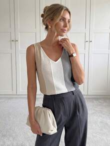 Easowa 女士彩色拼接v領背心上衣 - 彩色 - 查看 2