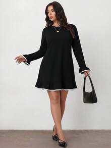 Enliva Vestido de línea A con cuello redondo para mujer talla grande con ribete blanco y puños y bajo con volantes, adecuado para la oficina, fiestas, banquetes, San Valentín, etc. Vestido negro de manga larga con volantes, para silueta de manzana y redondeada - Negro - Ver 5