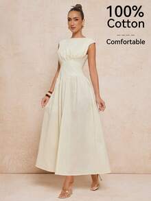 Lumalex Buttercream 100% COTTON White Summer Elegant Tea Party Midi Dress,Boat Neck Soft Cap Sleeves Empire Waist A-Line Open Back Wedding Guest Party Dress - Light Yellow - View 11