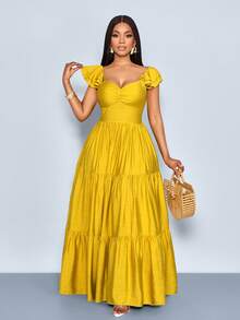 SOLERSUN 女士纯色时尚日常休闲优雅度假浪漫波西米亚海滩度假露背V领褶皱A字长裙飘逸优雅夏季夏威夷摆裙 - 芥末黃 - 查看 3