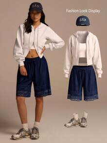 Fluxe Pantaloncini larghi da donna con coulisse in vita e pizzo a contrasto - Blu Navy - Visualizzare 8