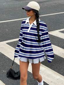 SHEIN EZwear Áo thun polo tay dài in họa tiết sọc đơn sắc phong cách retro cổ điển dành cho nữ, phù hợp cho mùa thu/đông, dạo phố, thể thao, Y2K - Màu xanh lam - Xem 6