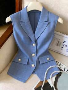 Lyxana Áo blazer nữ không tay màu trơn, thích hợp mặc đi làm hàng ngày. - Màu xanh bụi bặm - Xem 5