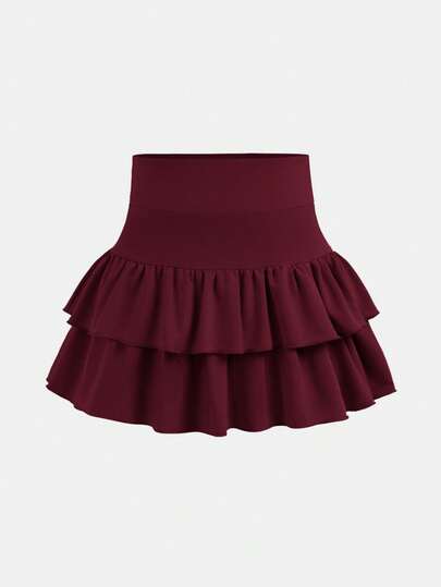 SHEIN Girlism Tween Girls Knitted Solid Color Cute Ruffle Layered Built-In Shorts Mini Skirt, Y2K Fashion, Back To School, Ruffle Skirt, Dance Skirt, Skirts For Tweens, School Girl Skirt, Skirts Ruffle, Skirts For Teen Girls, Skirts Short, Skirts Mini