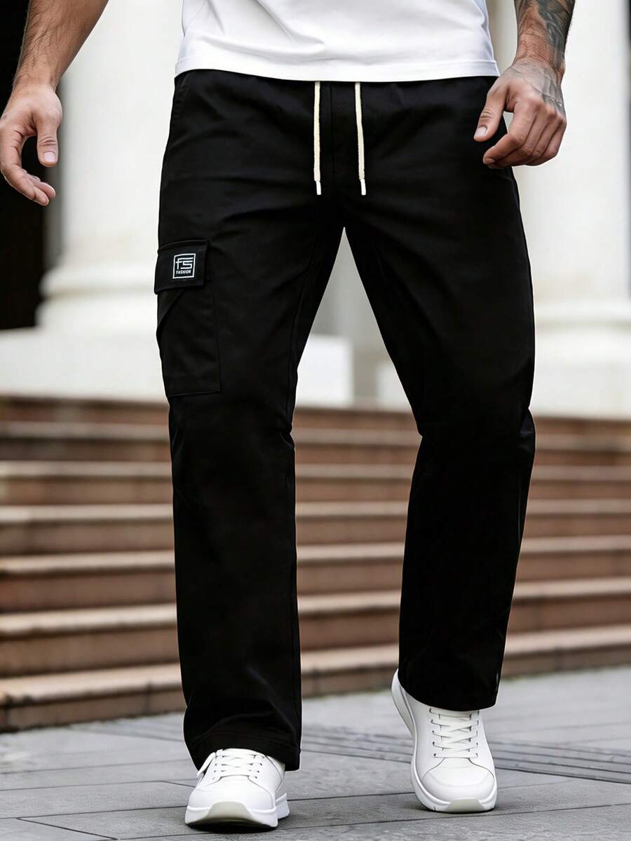 Manfinity Hypemode Men's Baggy Cargo Pants With Letter Patch Detail, Flap Pockets And Side Drawstring Waist, Fall - Black - View 1