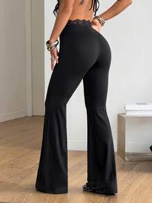 Coolane 女士街头风外出Y2K度假装扮锐舞派对蕾丝弹力舒适高腰黑色小码喇叭裤 - 黑色 - 查看 6