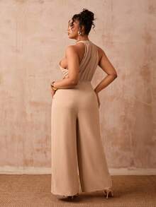 Veslaya Women's Plus Size Sleeveless Halter Neck Jumpsuit, Tie Dye Elegant Summer Long Wide Leg Jumpsuits For Wedding Guest, Parties, Beach & Vacation - Apricot - View 3