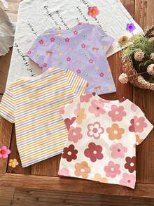 SHEIN LMoss Kids 3件套女童可爱多巴胺彩色花卉系列，奶油白、多巴胺彩色条纹、紫色，女童休闲百搭圆领短袖基础款T恤，适合所有季节日常穿着、居家、度假、假日，舒适透气，春夏皆宜，时尚女童，休闲装，儿童花卉条纹图案服装，时尚夏季，冬季，新款，清爽女童服装套装 - 彩色 - 查看 2