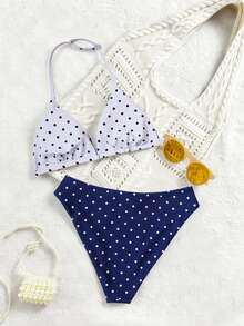 少女泳装套装，休闲假日可爱随机印花针织面料，可调节吊带上衣和三角泳裤两件套，双面可穿，适合夏季海滩泳池派对假日 - 彩色 - 查看 2