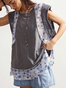 Bohemela 波西米亚乡村度假休闲纯色针织拼接碎花圆领宽松女式T恤 波西米亚女装上衣 夏季休闲上衣 - 灰色 - 查看 3