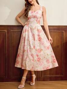 Vintamour Vintage Classic Elegant Women's Dress, Spring/Summer Fitted Floral Print Dress, Suspender Dress, Pink Umbrella Hem Dress,Pink Dress - Pink - View 4