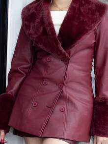 Melissa Matos Women's Wine Red Waist Elegant Fashion Long Sleeve PU Leather Jacket With Fur Collar And Spliced ​​Fur Sleeves, Autumn And Winter Women's Fall Winery Wear Women's Faux Leather Dress Women's Suit Jacket Women's Leather Dress Coat - Burgundy - View 5
