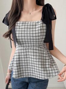 FRIFUL Women's Solid Color Textured Fabric Shoulder Tie Bow Layered Waist Cinched Slim Fit Versatile Camisole, Autumn/Winter - Black - View 1