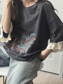 FRIFUL Áo kiểu nữ dáng rộng thoải mái, phối màu, chất liệu ren xuyên thấu, tay ngắn, in chữ, đa năng cho mùa xuân/hè. - Xám - Xem 7